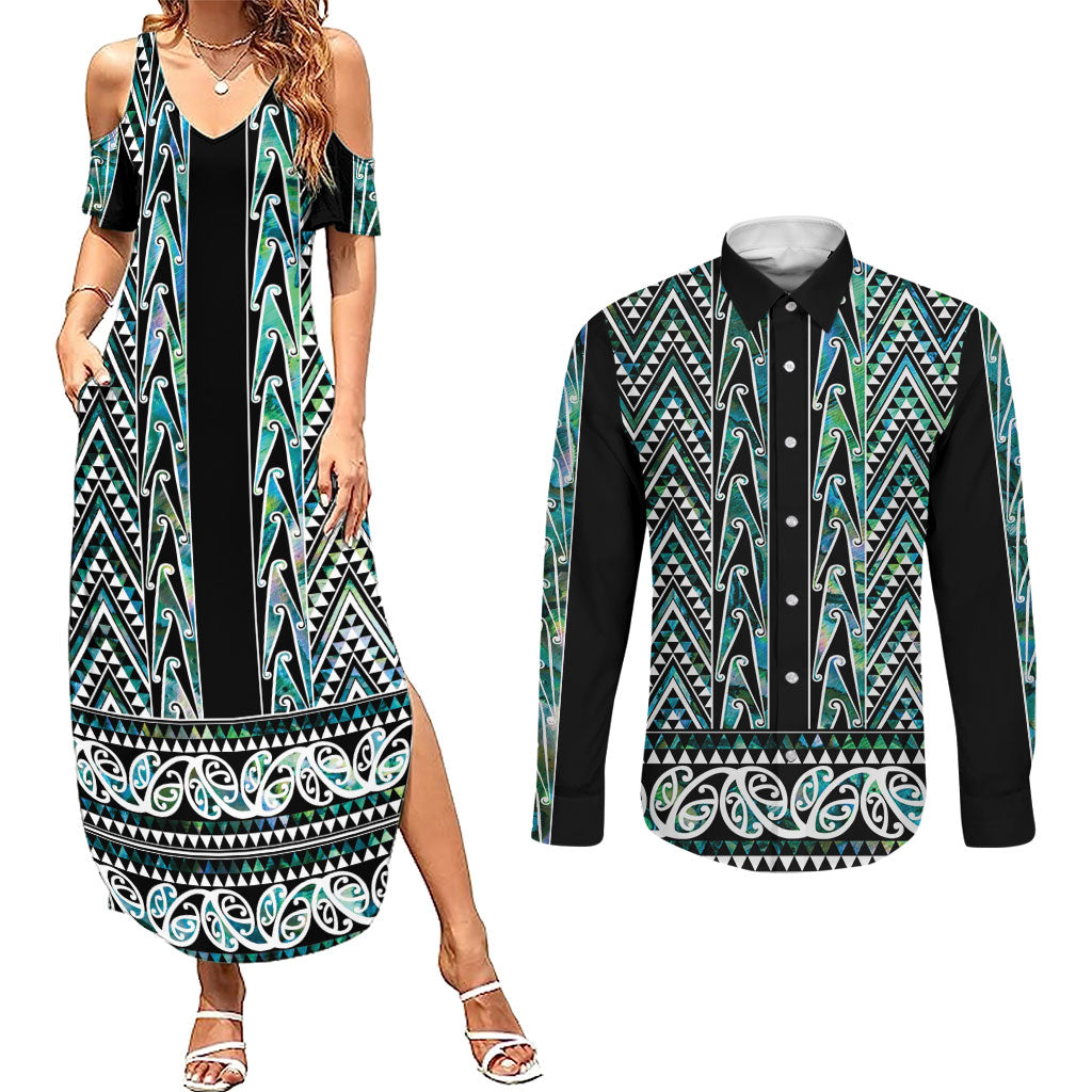 New Zealand Maori Niho Taniwha Couples Matching Summer Maxi Dress and Long Sleeve Button Shirt Papua Shell - Mangopare Puhoro Pattern