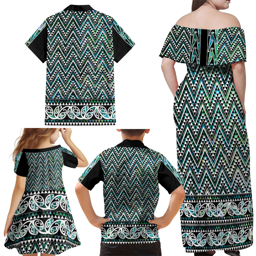 New Zealand Maori Niho Taniwha Family Matching Off Shoulder Maxi Dress and Hawaiian Shirt Papua Shell - Mangopare Puhoro Pattern