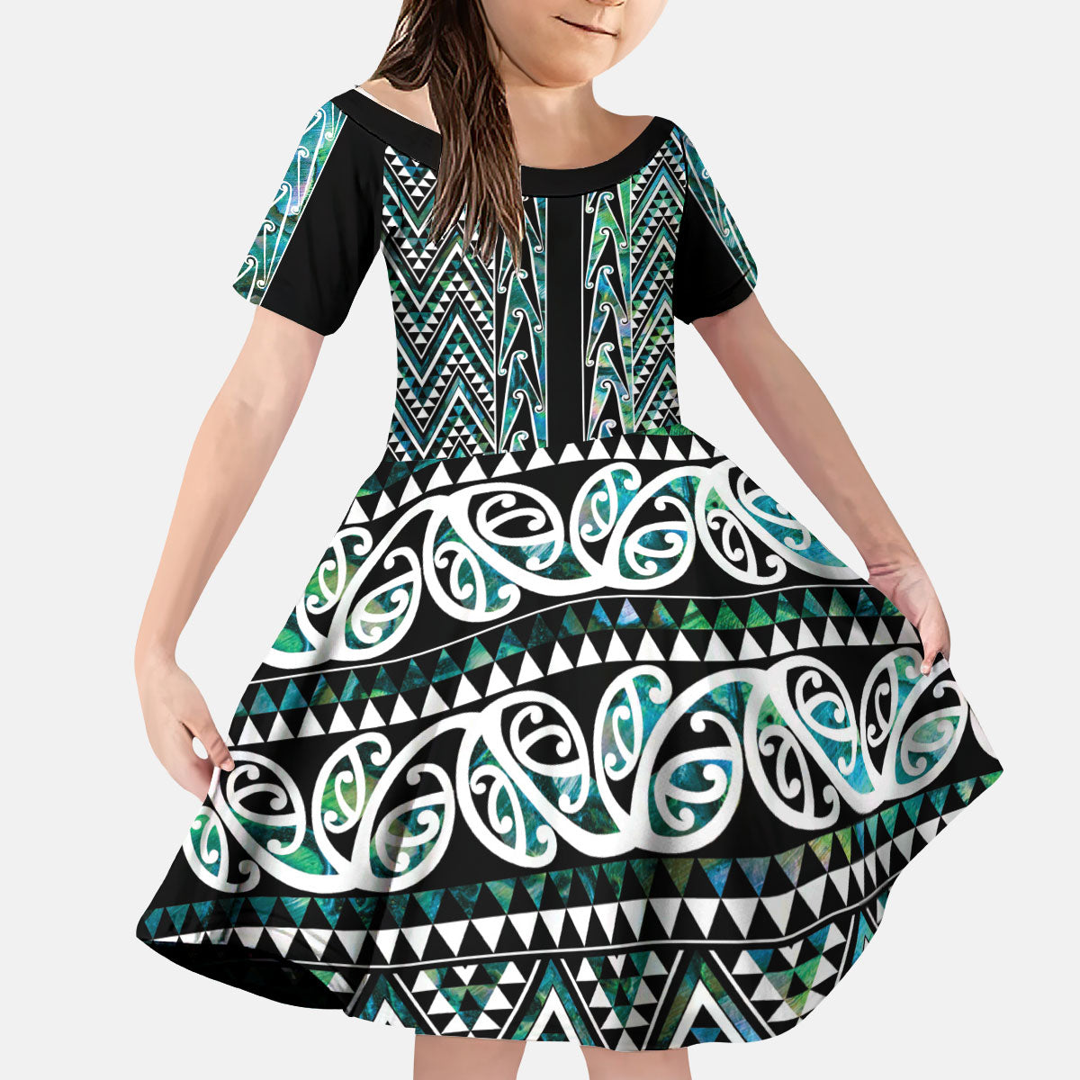 New Zealand Maori Niho Taniwha Kid Short Sleeve Dress Papua Shell - Mangopare Puhoro Pattern