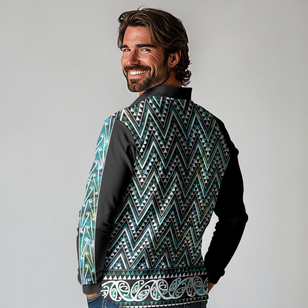 New Zealand Maori Niho Taniwha Long Sleeve Polo Shirt Papua Shell - Mangopare Puhoro Pattern