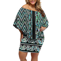 New Zealand Maori Niho Taniwha Off Shoulder Short Dress Papua Shell - Mangopare Puhoro Pattern