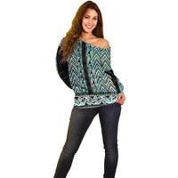 New Zealand Maori Niho Taniwha Off Shoulder Sweater Papua Shell - Mangopare Puhoro Pattern