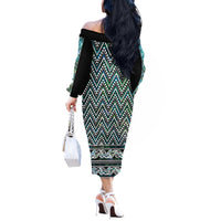 New Zealand Maori Niho Taniwha Off The Shoulder Long Sleeve Dress Papua Shell - Mangopare Puhoro Pattern