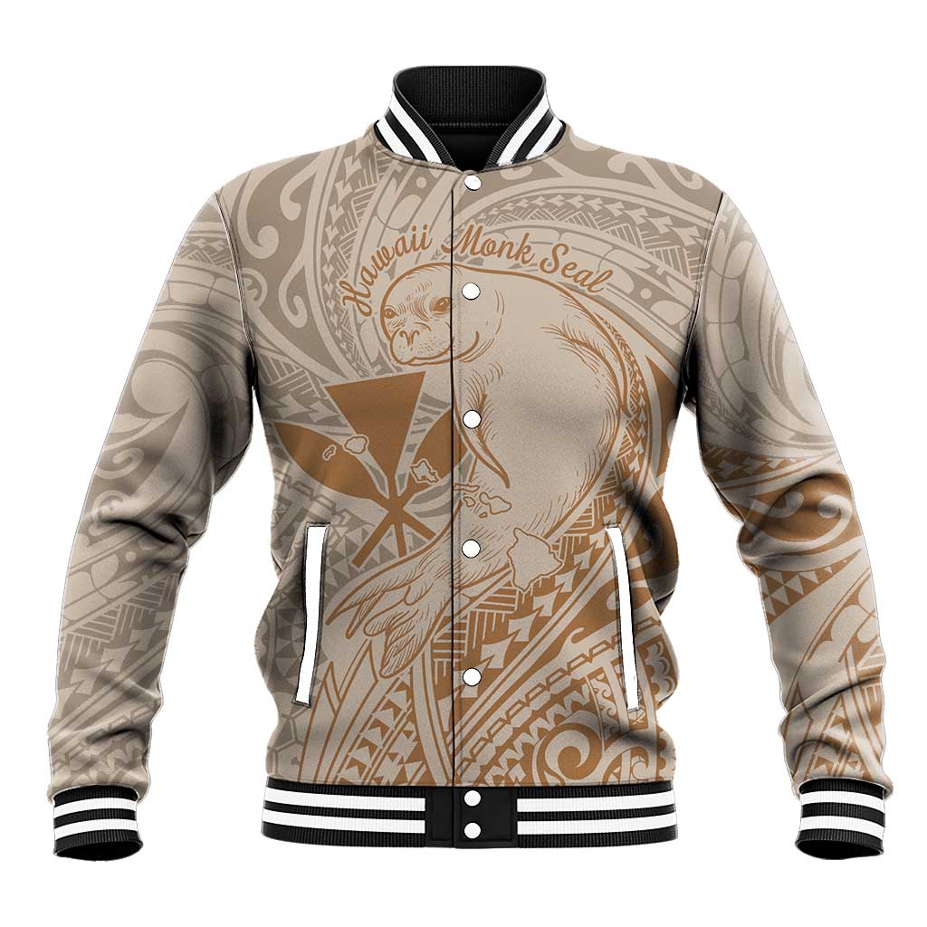 Hawaii Monk Seal and Map Baseball Jacket Polynesian Kanaka Maoli Beige Vibe