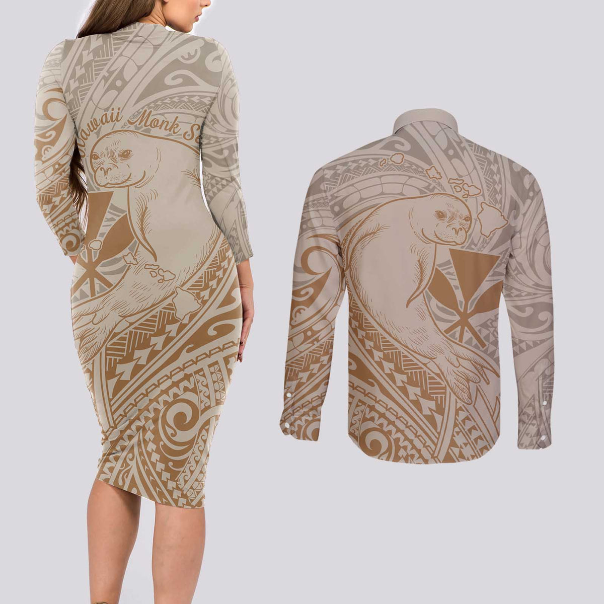 Hawaii Monk Seal and Map Couples Matching Long Sleeve Bodycon Dress and Long Sleeve Button Shirt Polynesian Kanaka Maoli Beige Vibe