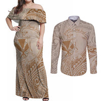 Hawaii Monk Seal and Map Couples Matching Off Shoulder Maxi Dress and Long Sleeve Button Shirt Polynesian Kanaka Maoli Beige Vibe