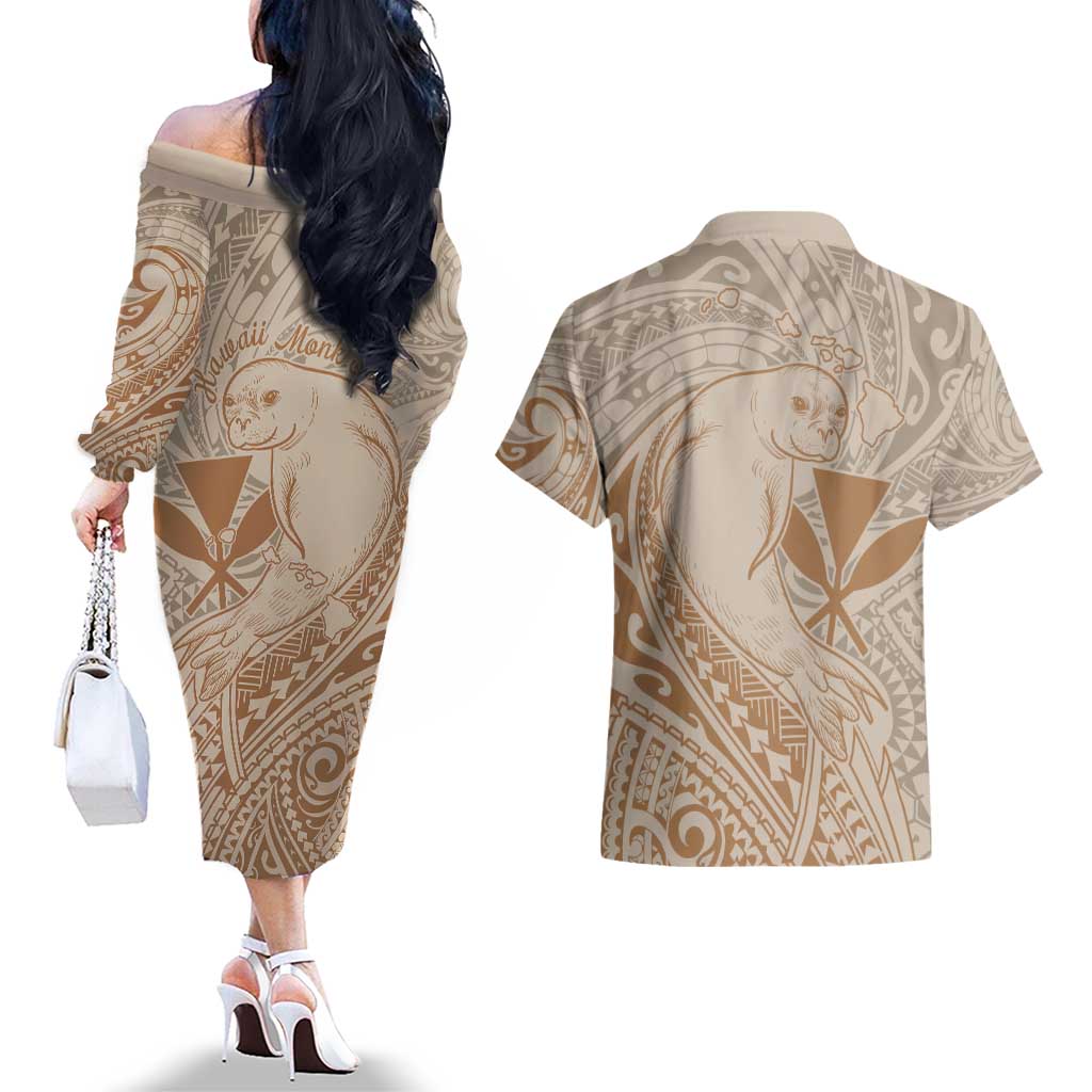 Hawaii Monk Seal and Map Couples Matching Off The Shoulder Long Sleeve Dress and Hawaiian Shirt Polynesian Kanaka Maoli Beige Vibe