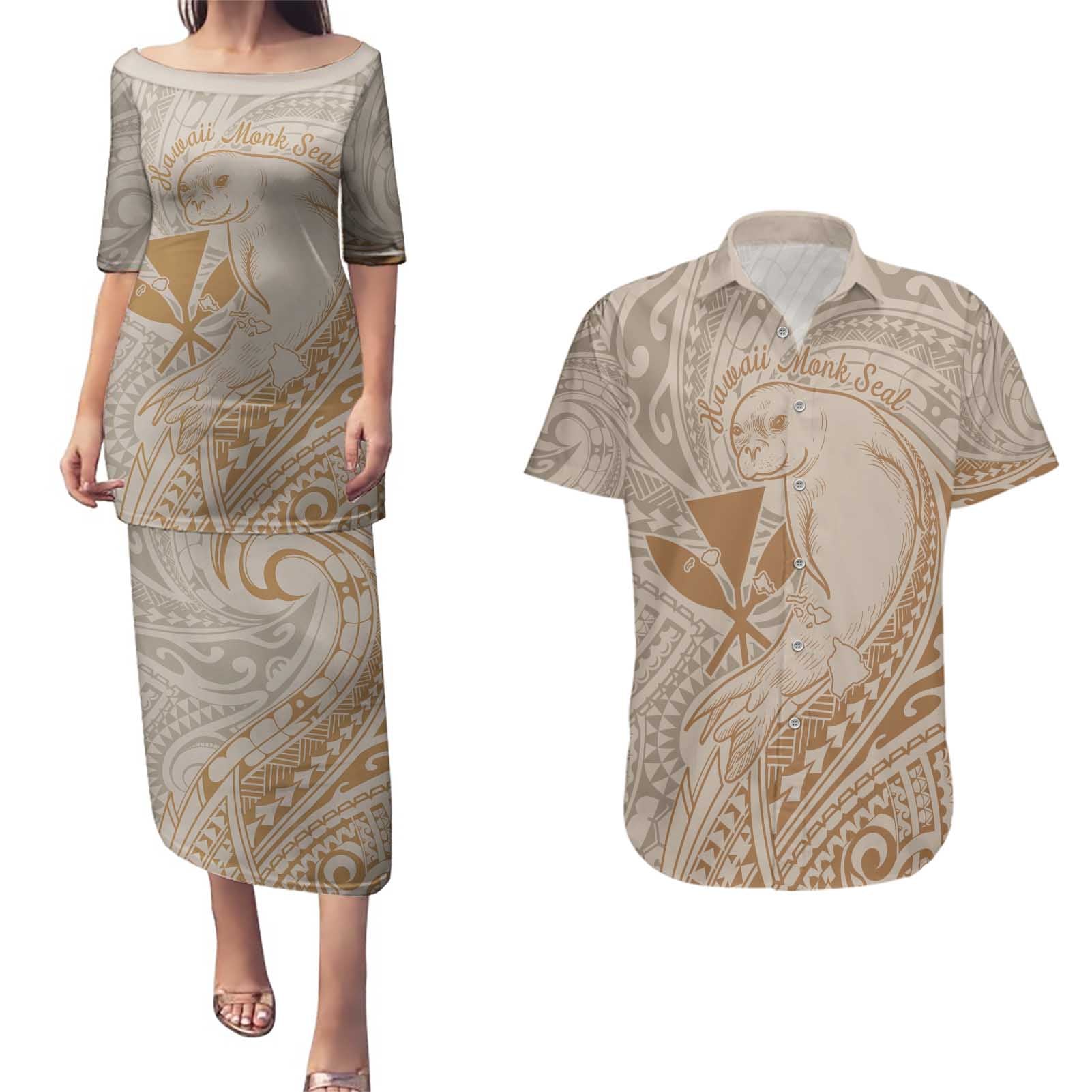 Hawaii Monk Seal and Map Couples Matching Puletasi and Hawaiian Shirt Polynesian Kanaka Maoli Beige Vibe
