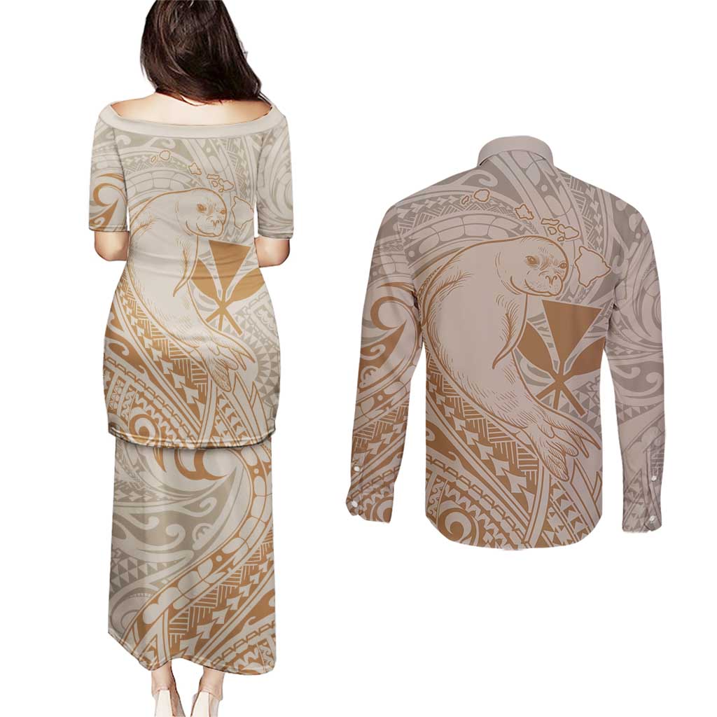 Hawaii Monk Seal and Map Couples Matching Puletasi and Long Sleeve Button Shirt Polynesian Kanaka Maoli Beige Vibe