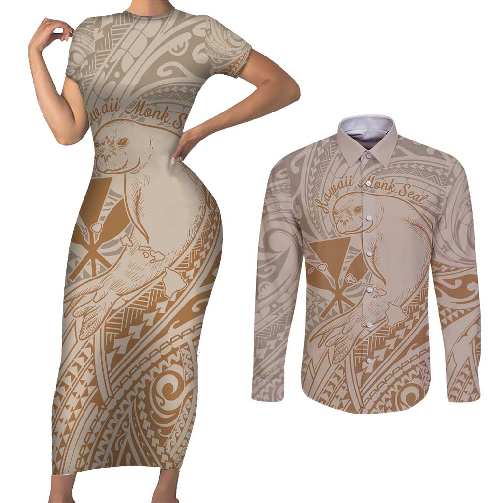 Hawaii Monk Seal and Map Couples Matching Short Sleeve Bodycon Dress and Long Sleeve Button Shirt Polynesian Kanaka Maoli Beige Vibe