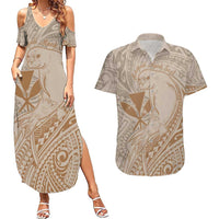 Hawaii Monk Seal and Map Couples Matching Summer Maxi Dress and Hawaiian Shirt Polynesian Kanaka Maoli Beige Vibe
