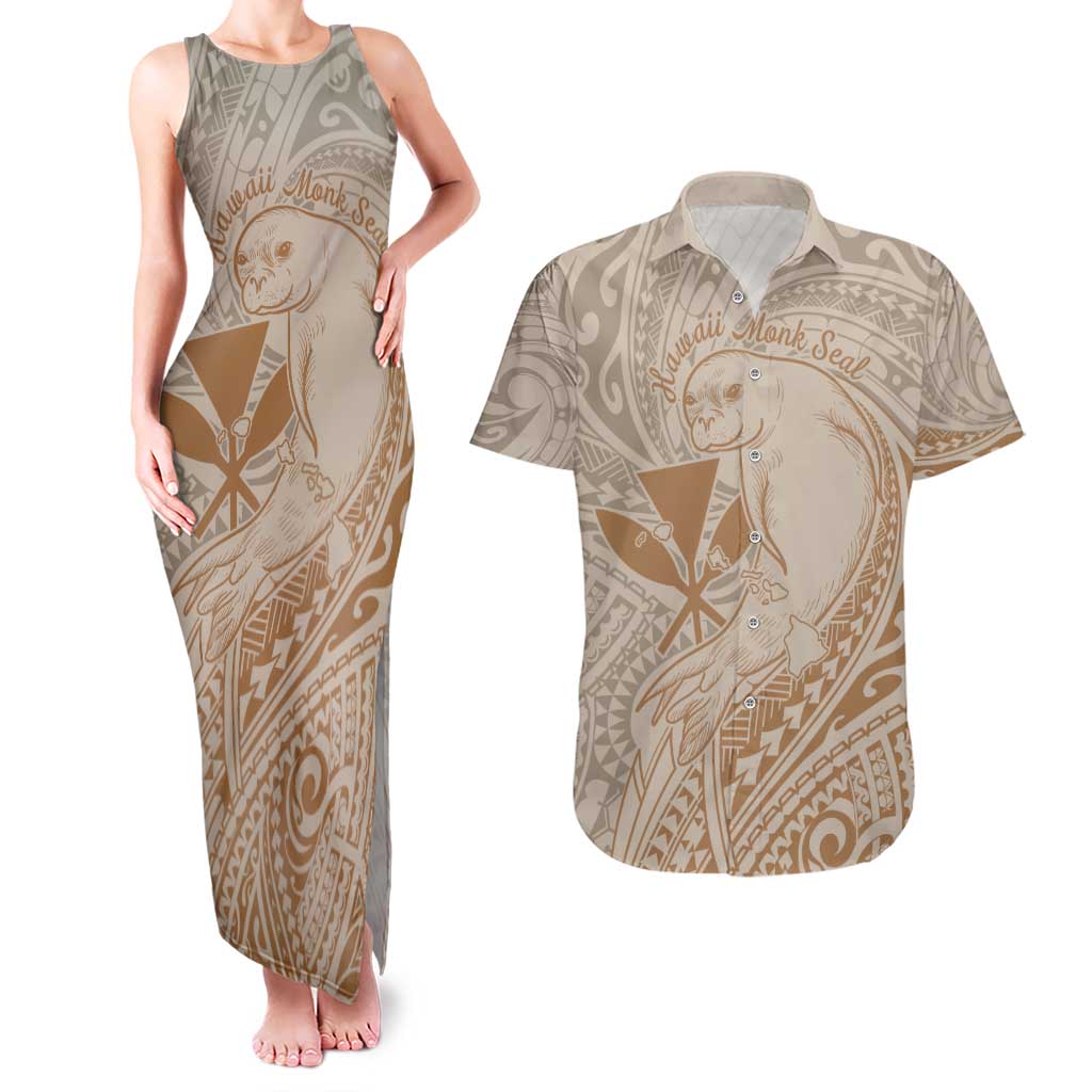 Hawaii Monk Seal and Map Couples Matching Tank Maxi Dress and Hawaiian Shirt Polynesian Kanaka Maoli Beige Vibe