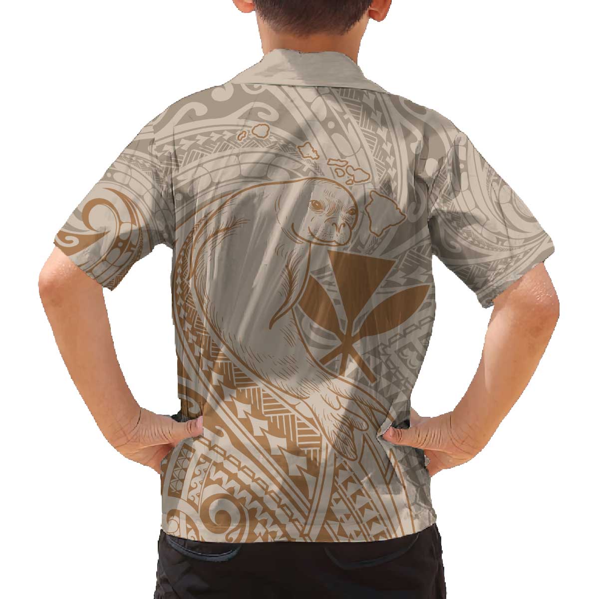 Hawaii Monk Seal and Map Family Matching Puletasi and Hawaiian Shirt Polynesian Kanaka Maoli Beige Vibe
