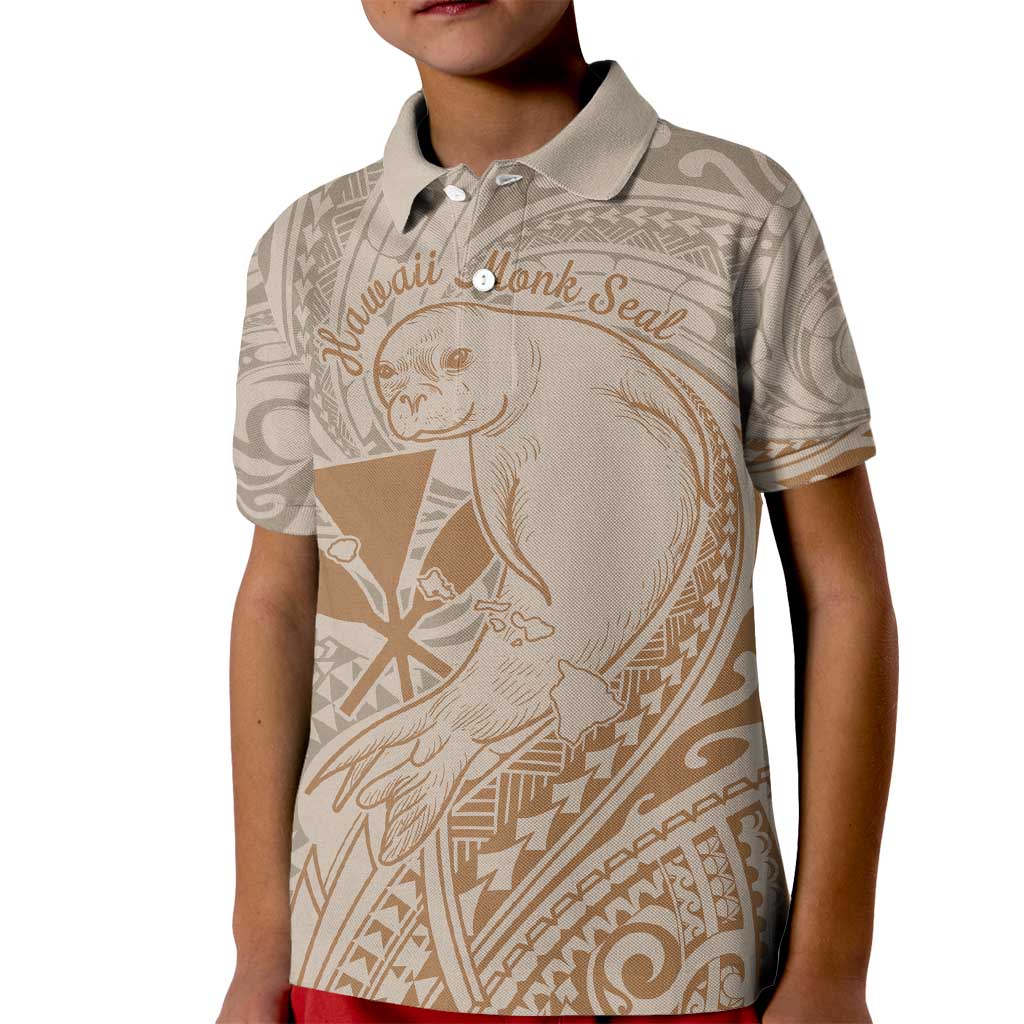Hawaii Monk Seal and Map Kid Polo Shirt Polynesian Kanaka Maoli Beige Vibe