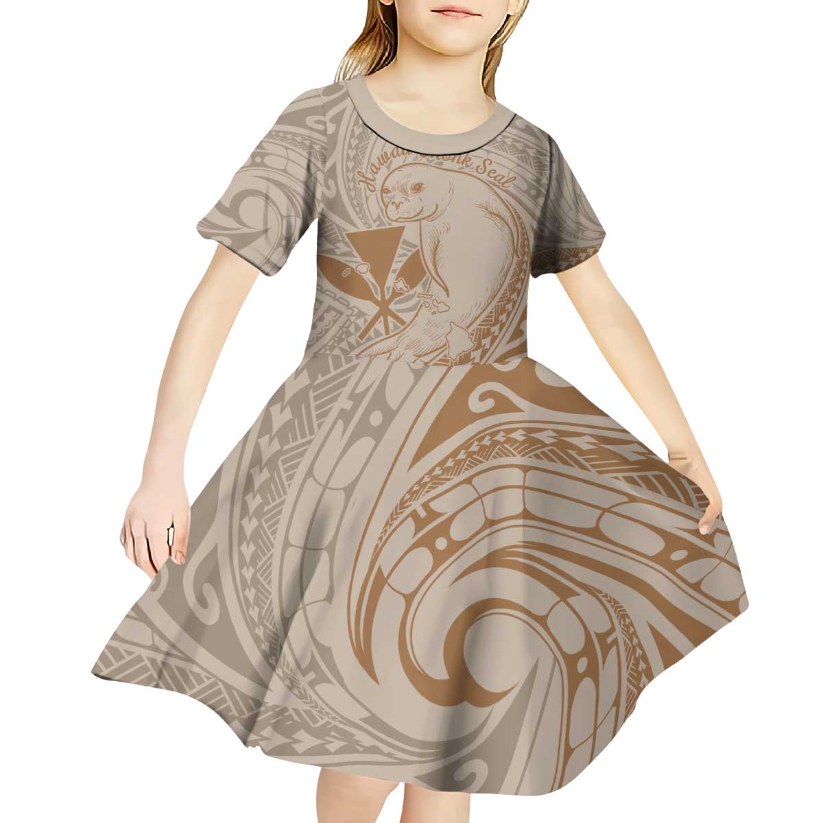 Hawaii Monk Seal and Map Kid Short Sleeve Dress Polynesian Kanaka Maoli Beige Vibe