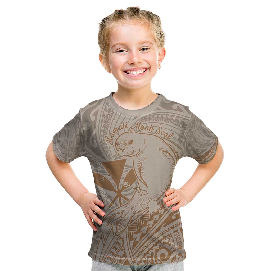 Hawaii Monk Seal and Map Kid T Shirt Polynesian Kanaka Maoli Beige Vibe
