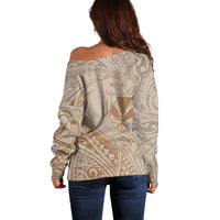 Hawaii Monk Seal and Map Off Shoulder Sweater Polynesian Kanaka Maoli Beige Vibe LT9 - Polynesian Pride
