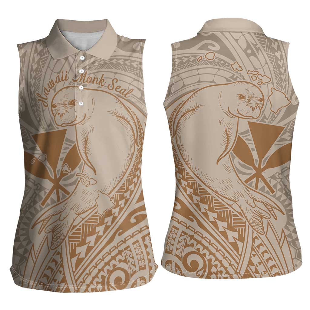 Hawaii Monk Seal and Map Women Sleeveless Polo Shirt Polynesian Kanaka Maoli Beige Vibe