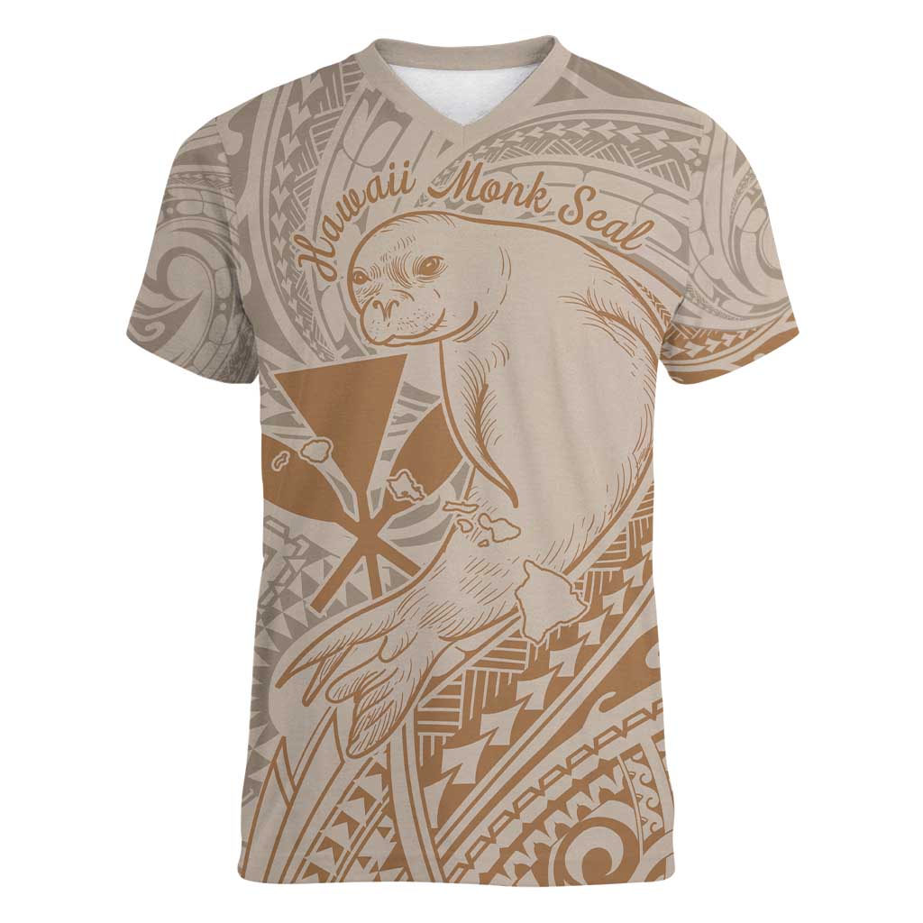 Hawaii Monk Seal and Map Women V-Neck T-Shirt Polynesian Kanaka Maoli Beige Vibe