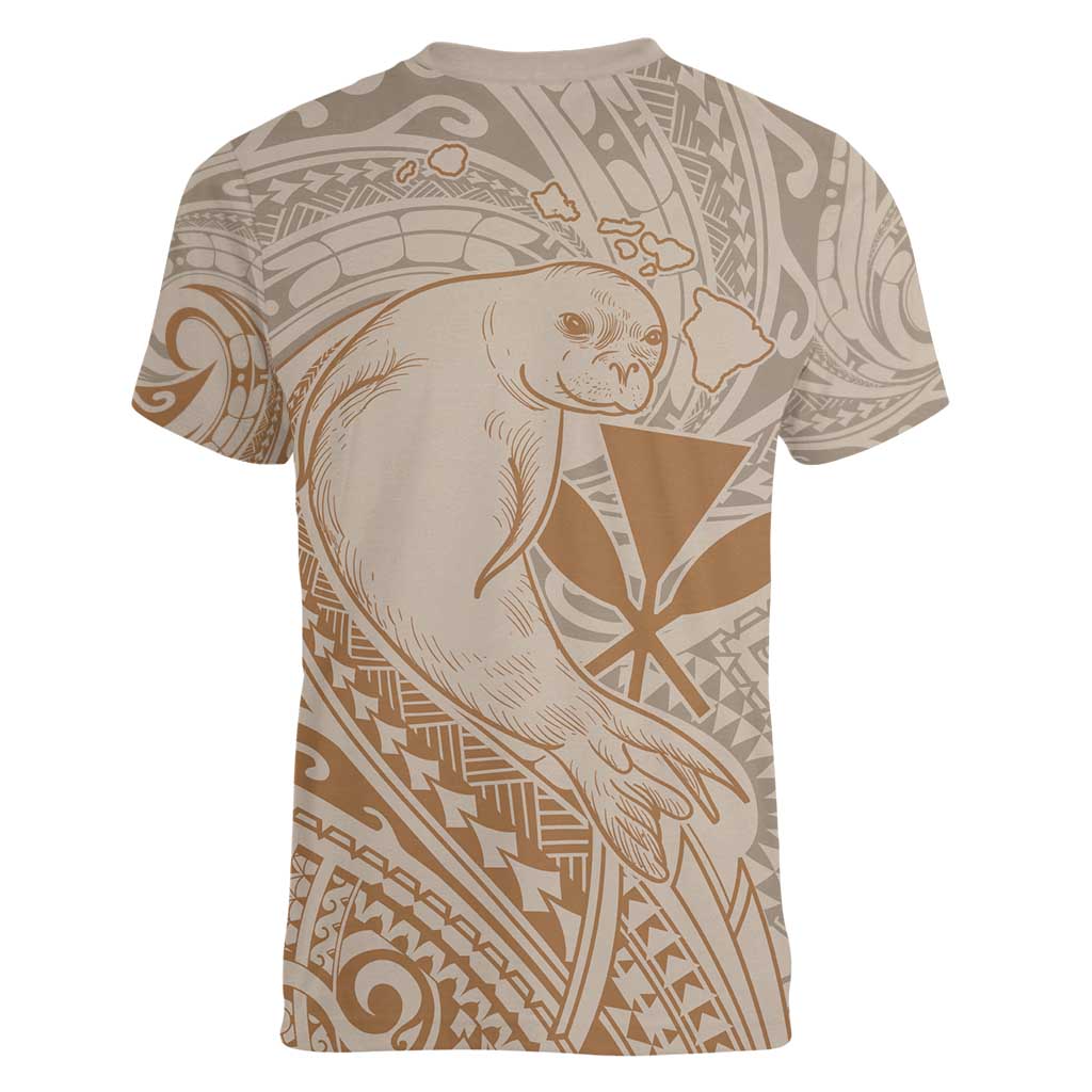 Hawaii Monk Seal and Map Women V-Neck T-Shirt Polynesian Kanaka Maoli Beige Vibe