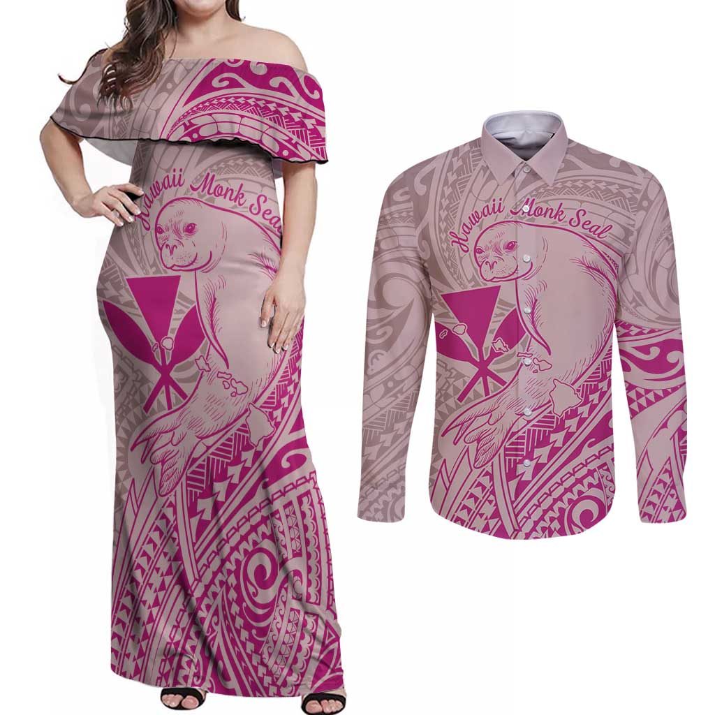 Hawaii Monk Seal and Map Couples Matching Off Shoulder Maxi Dress and Long Sleeve Button Shirt Polynesian Kanaka Maoli Pink Vibe