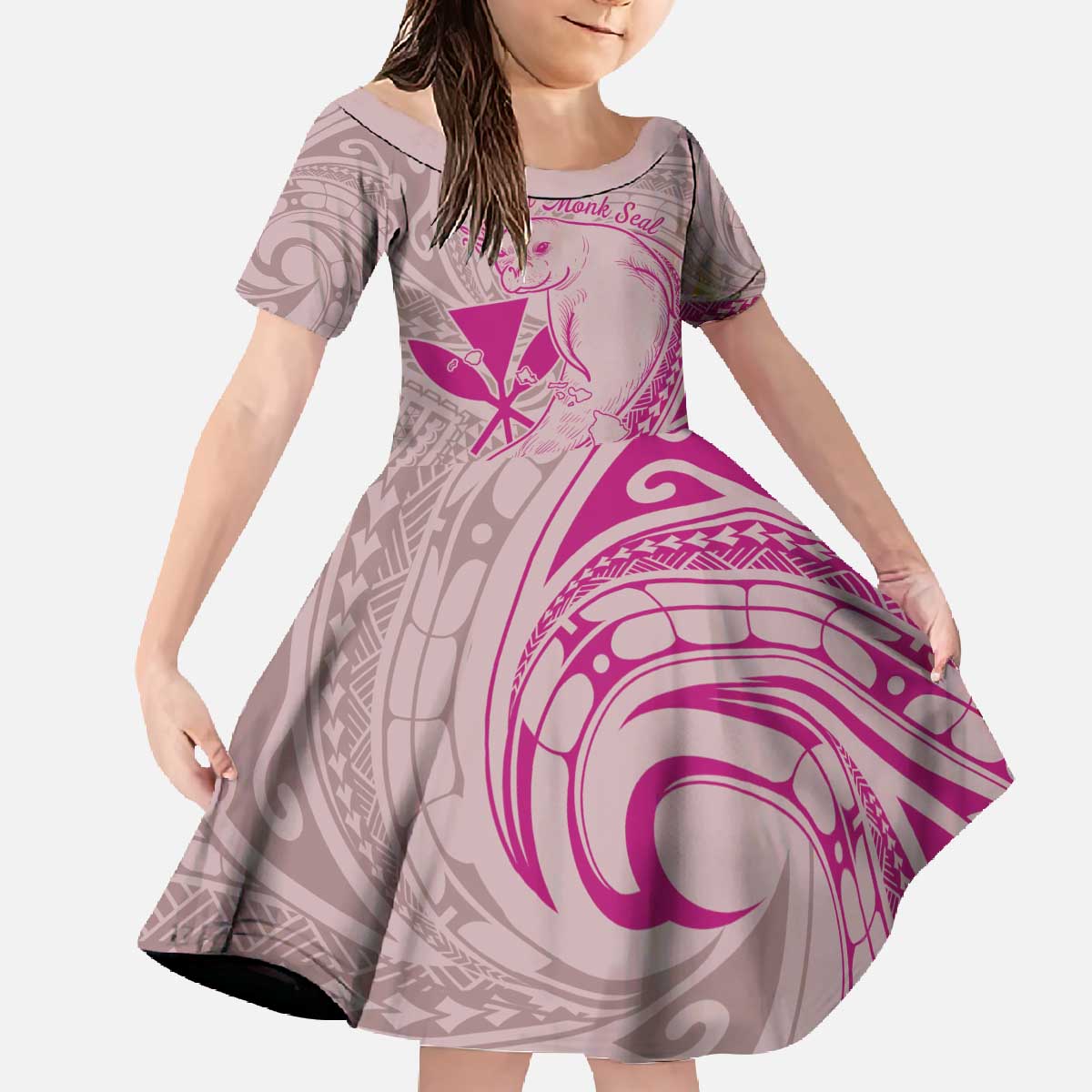 Hawaii Monk Seal and Map Family Matching Off The Shoulder Long Sleeve Dress and Hawaiian Shirt Polynesian Kanaka Maoli Pink Vibe