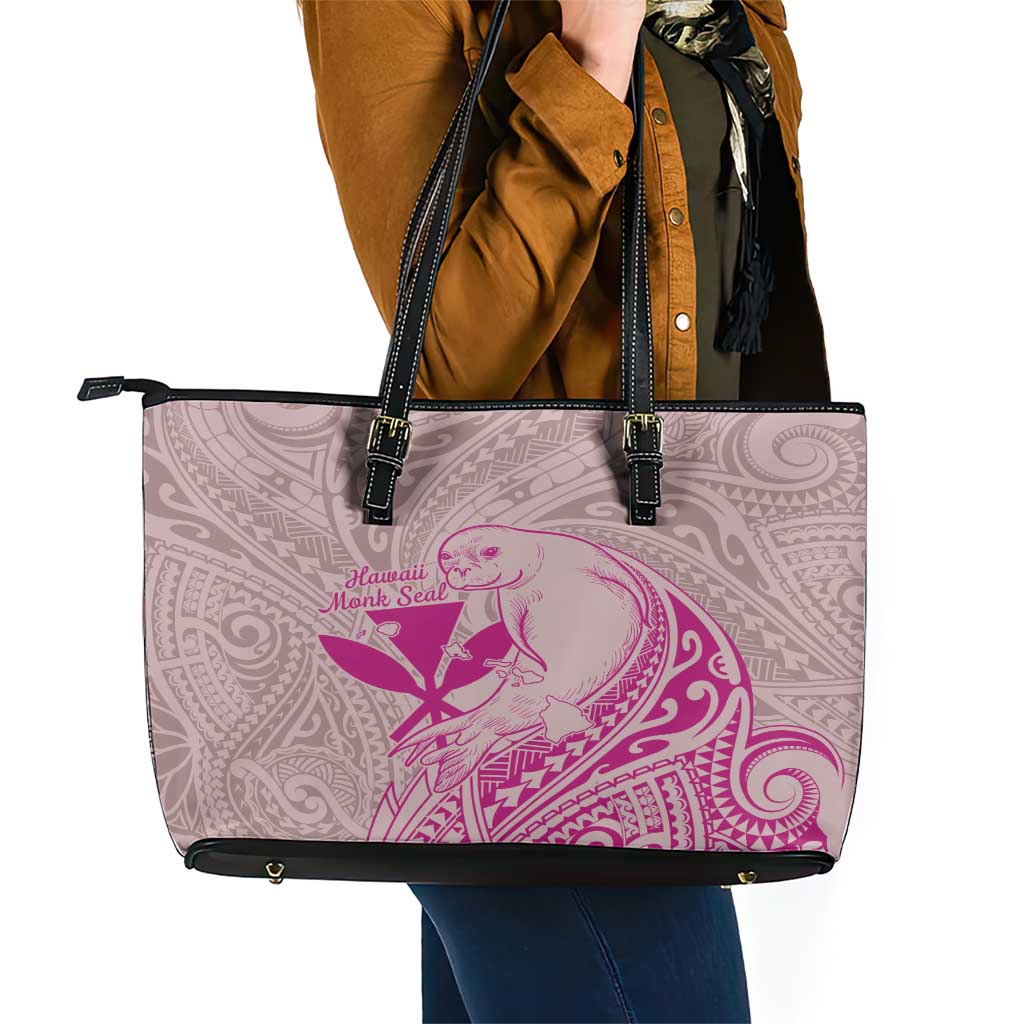 Hawaii Monk Seal and Map Leather Tote Bag Polynesian Kanaka Maoli Pink Vibe