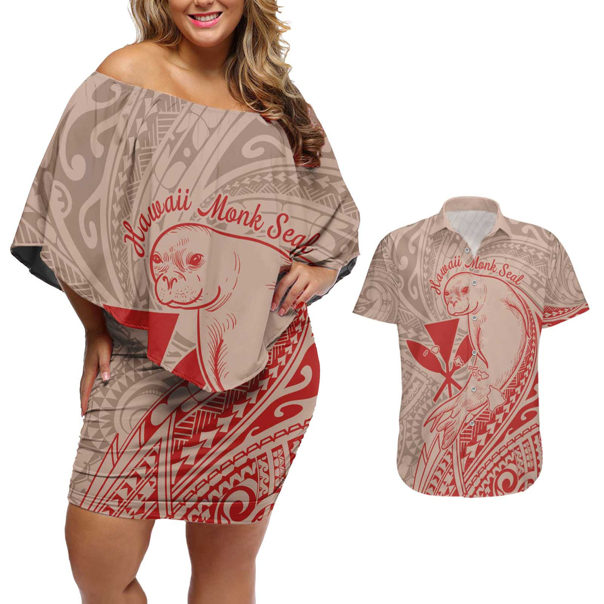 Hawaii Monk Seal and Map Couples Matching Off Shoulder Short Dress and Hawaiian Shirt Polynesian Kanaka Maoli Red Vibe