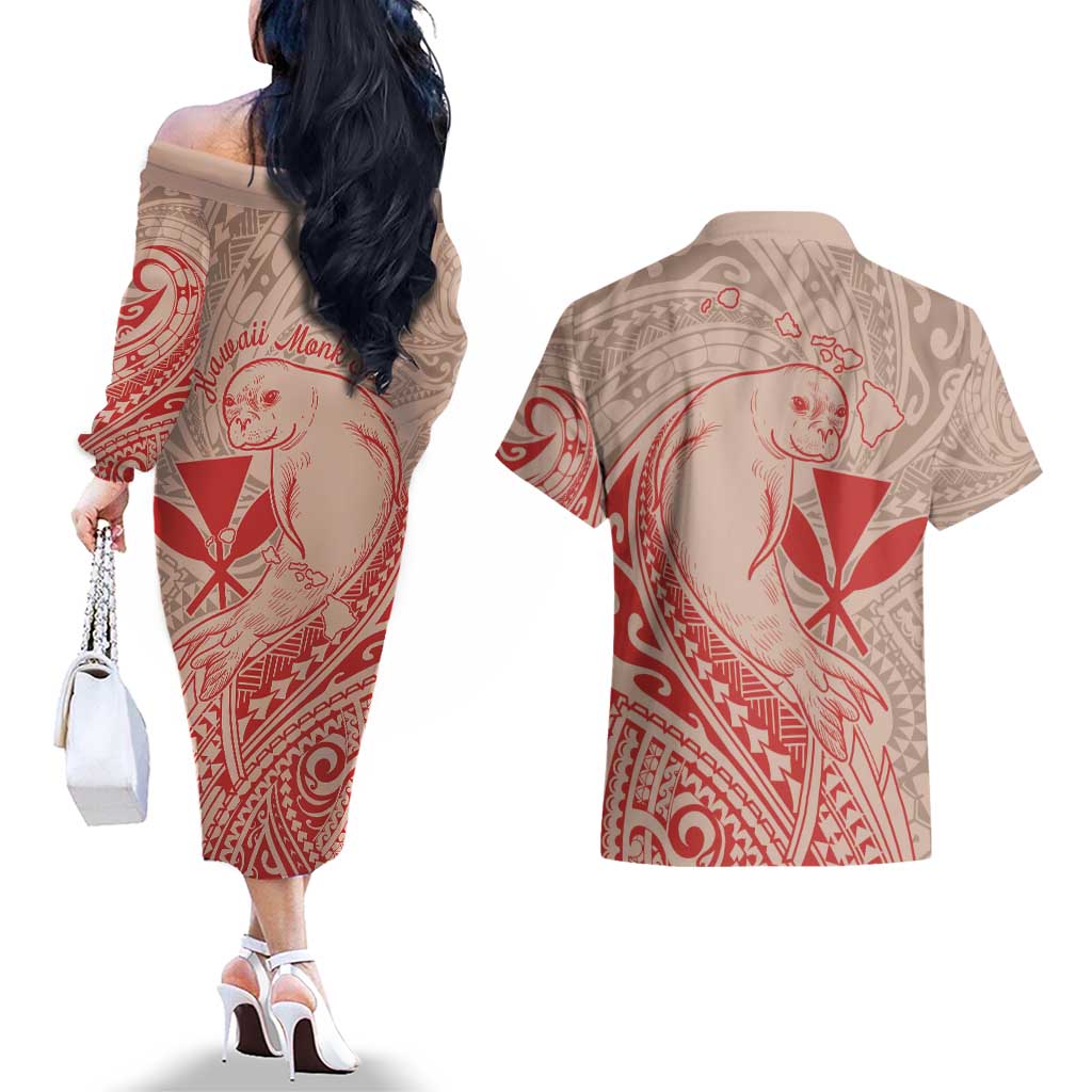 Hawaii Monk Seal and Map Couples Matching Off The Shoulder Long Sleeve Dress and Hawaiian Shirt Polynesian Kanaka Maoli Red Vibe