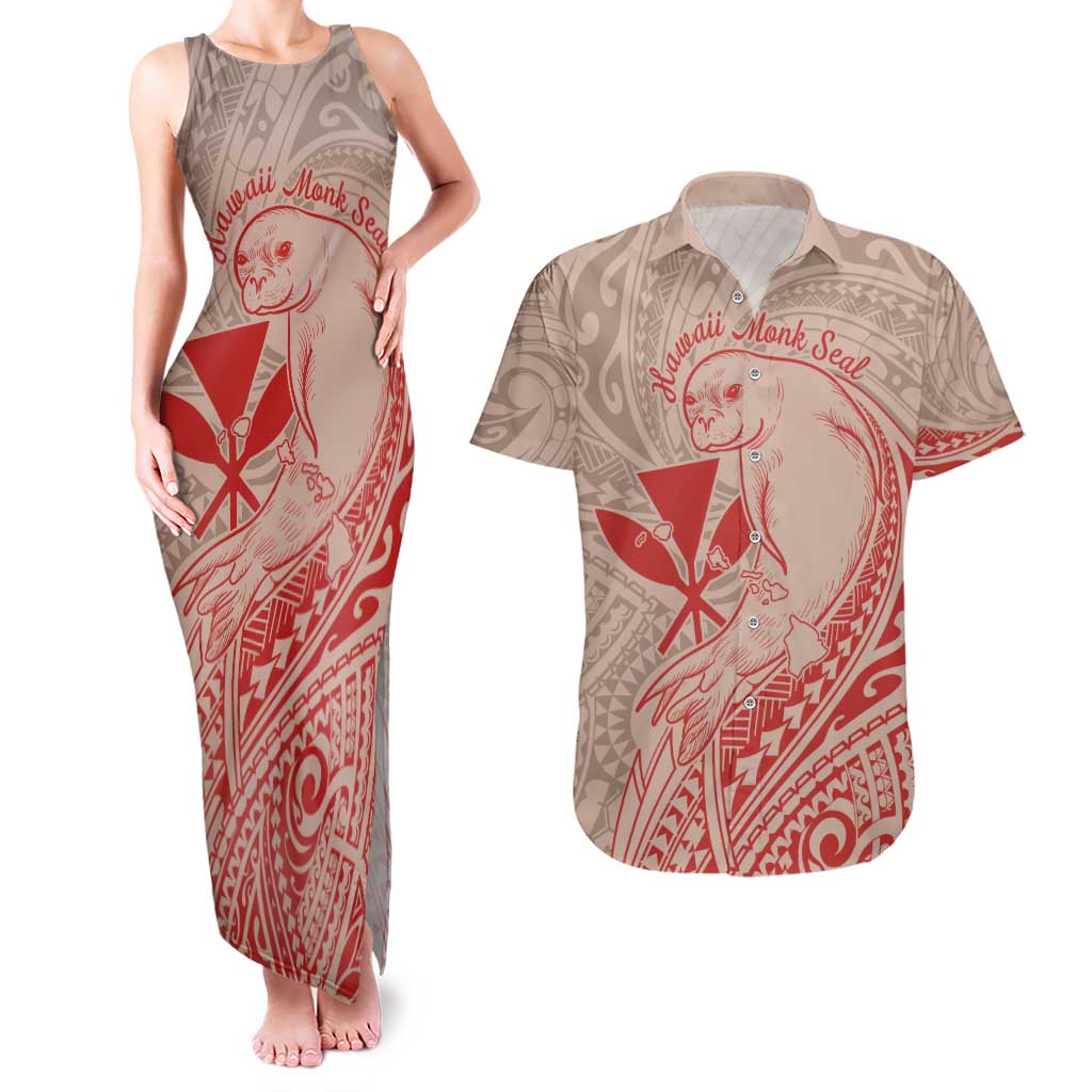 Hawaii Monk Seal and Map Couples Matching Tank Maxi Dress and Hawaiian Shirt Polynesian Kanaka Maoli Red Vibe
