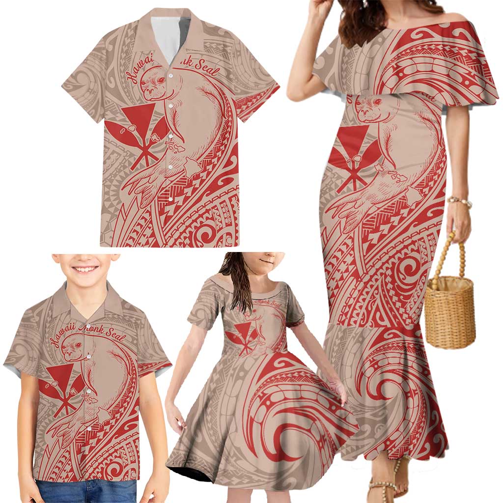 Hawaii Monk Seal and Map Family Matching Mermaid Dress and Hawaiian Shirt Polynesian Kanaka Maoli Red Vibe