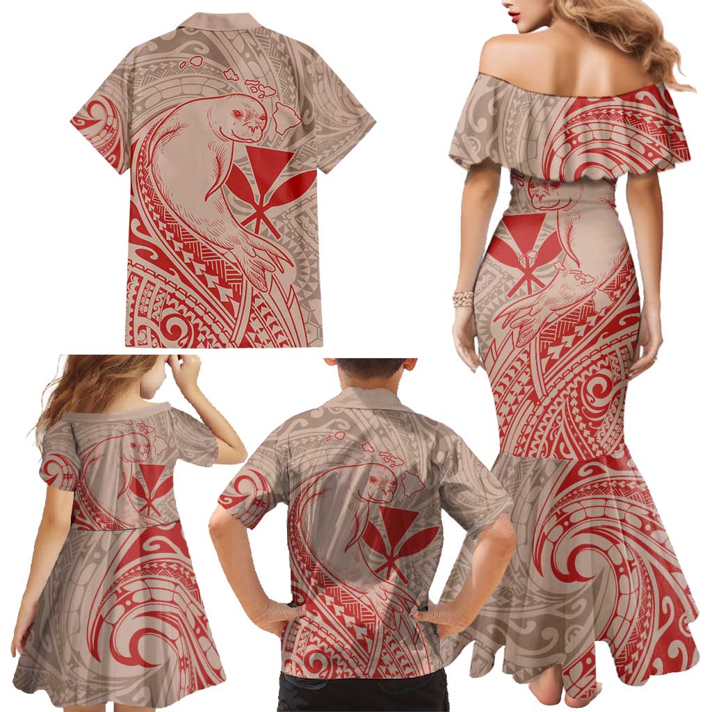 Hawaii Monk Seal and Map Family Matching Mermaid Dress and Hawaiian Shirt Polynesian Kanaka Maoli Red Vibe