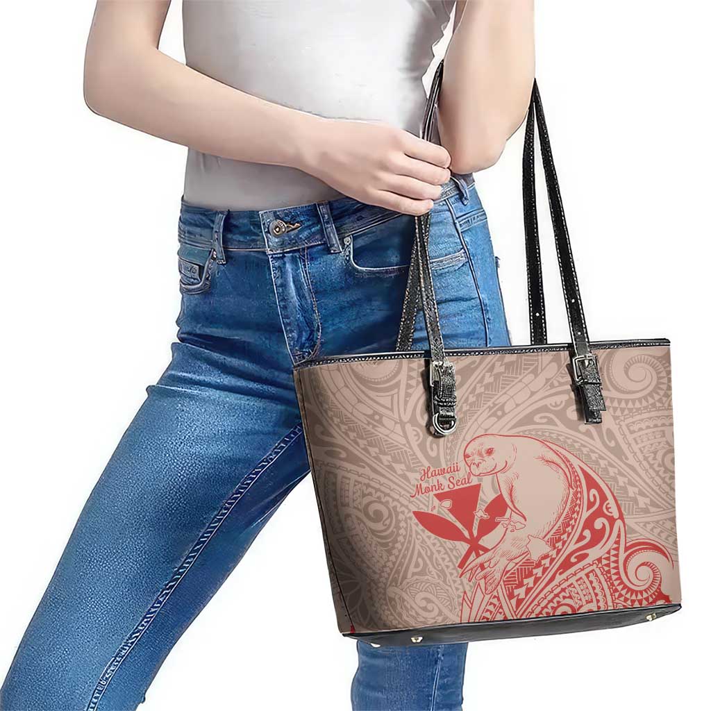 Hawaii Monk Seal and Map Leather Tote Bag Polynesian Kanaka Maoli Red Vibe