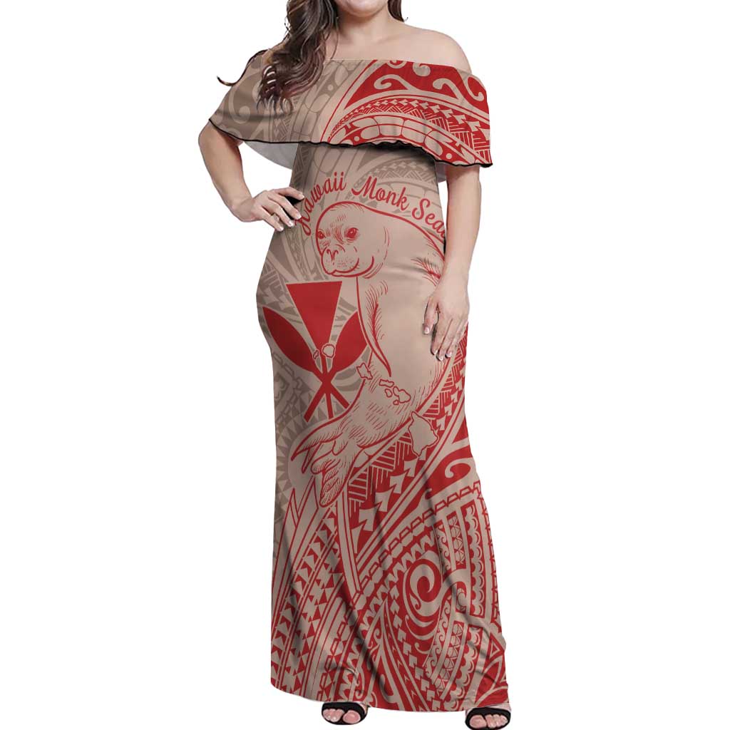 Hawaii Monk Seal and Map Off Shoulder Maxi Dress Polynesian Kanaka Maoli Red Vibe