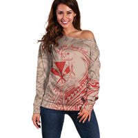 Hawaii Monk Seal and Map Off Shoulder Sweater Polynesian Kanaka Maoli Red Vibe LT9 Women Red - Polynesian Pride