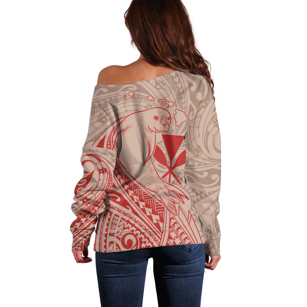 Hawaii Monk Seal and Map Off Shoulder Sweater Polynesian Kanaka Maoli Red Vibe LT9 - Polynesian Pride