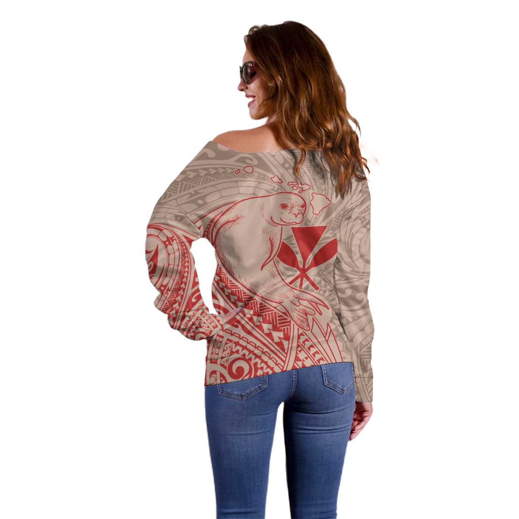 Hawaii Monk Seal and Map Off Shoulder Sweater Polynesian Kanaka Maoli Red Vibe LT9 - Polynesian Pride