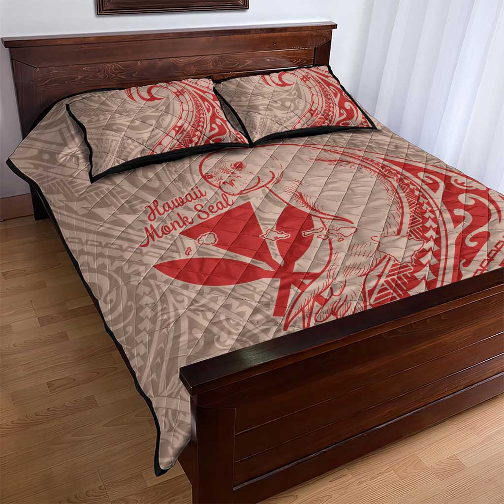 Hawaii Monk Seal and Map Quilt Bed Set Polynesian Kanaka Maoli Red Vibe