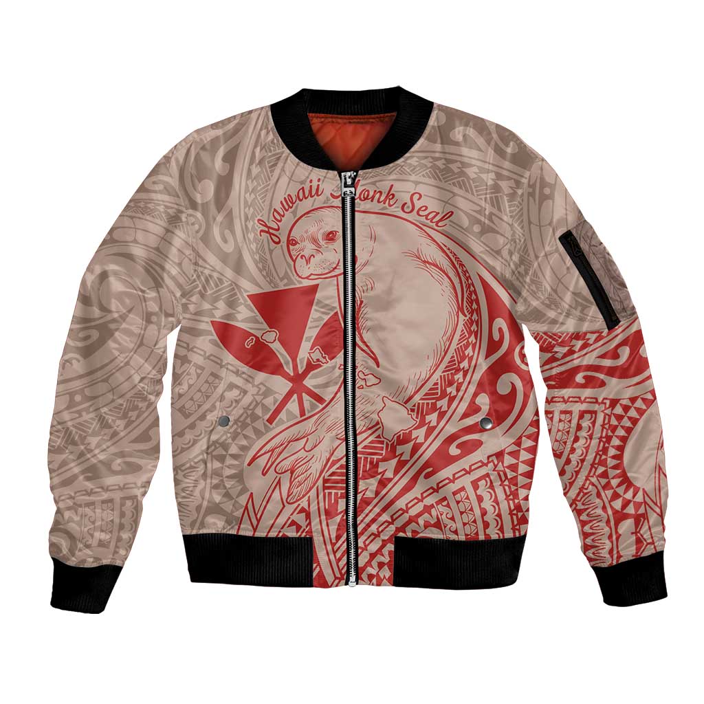 Hawaii Monk Seal and Map Sleeve Zip Bomber Jacket Polynesian Kanaka Maoli Red Vibe