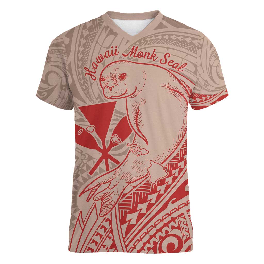 Hawaii Monk Seal and Map Women V-Neck T-Shirt Polynesian Kanaka Maoli Red Vibe