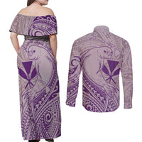 Hawaii Monk Seal and Map Couples Matching Off Shoulder Maxi Dress and Long Sleeve Button Shirt Polynesian Kanaka Maoli Violet Vibe