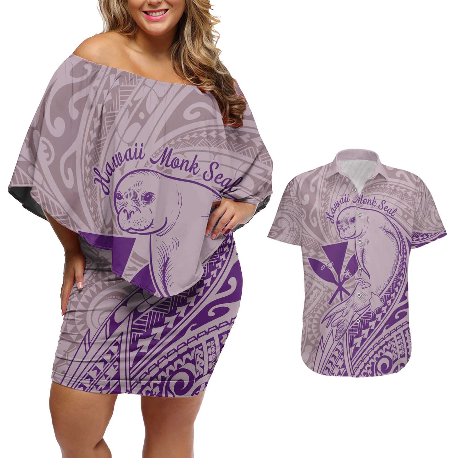 Hawaii Monk Seal and Map Couples Matching Off Shoulder Short Dress and Hawaiian Shirt Polynesian Kanaka Maoli Violet Vibe