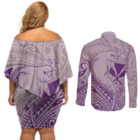 Hawaii Monk Seal and Map Couples Matching Off Shoulder Short Dress and Long Sleeve Button Shirt Polynesian Kanaka Maoli Violet Vibe
