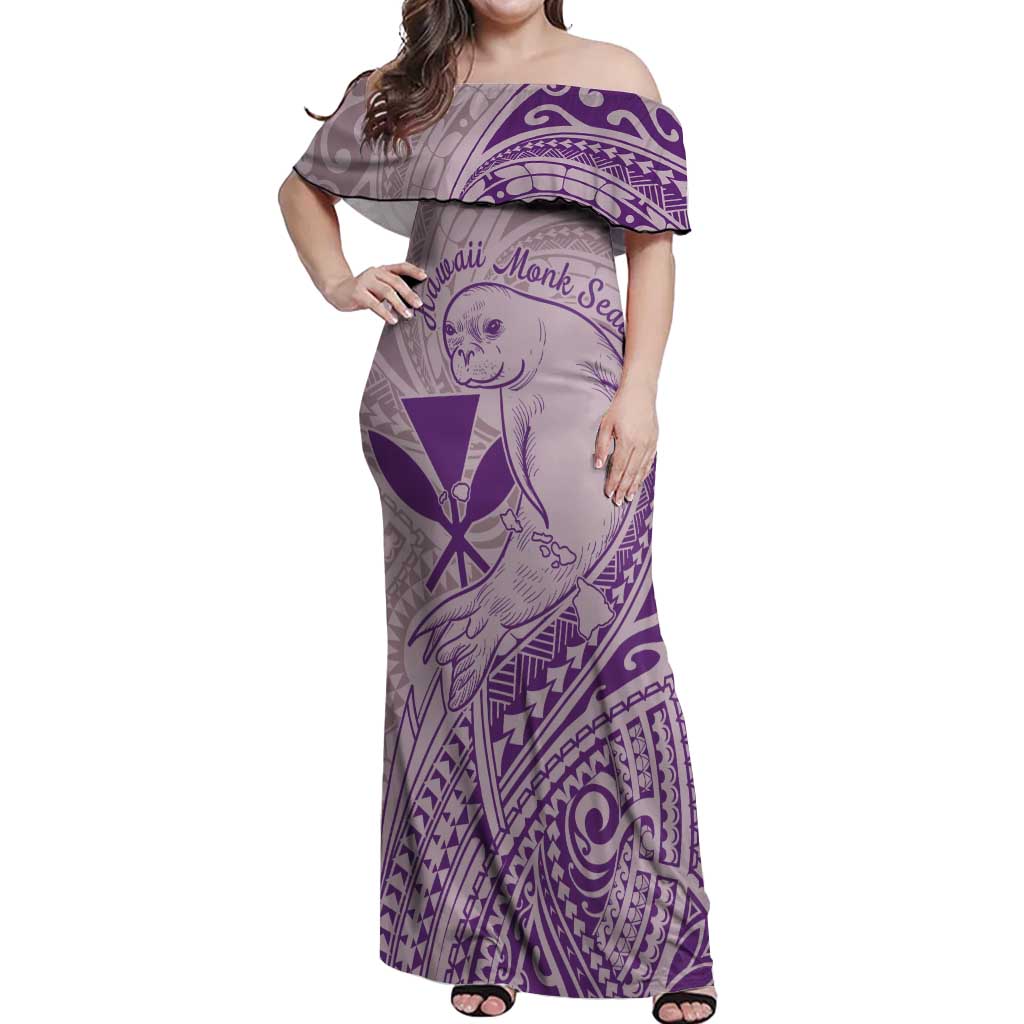 Hawaii Monk Seal and Map Off Shoulder Maxi Dress Polynesian Kanaka Maoli Violet Vibe
