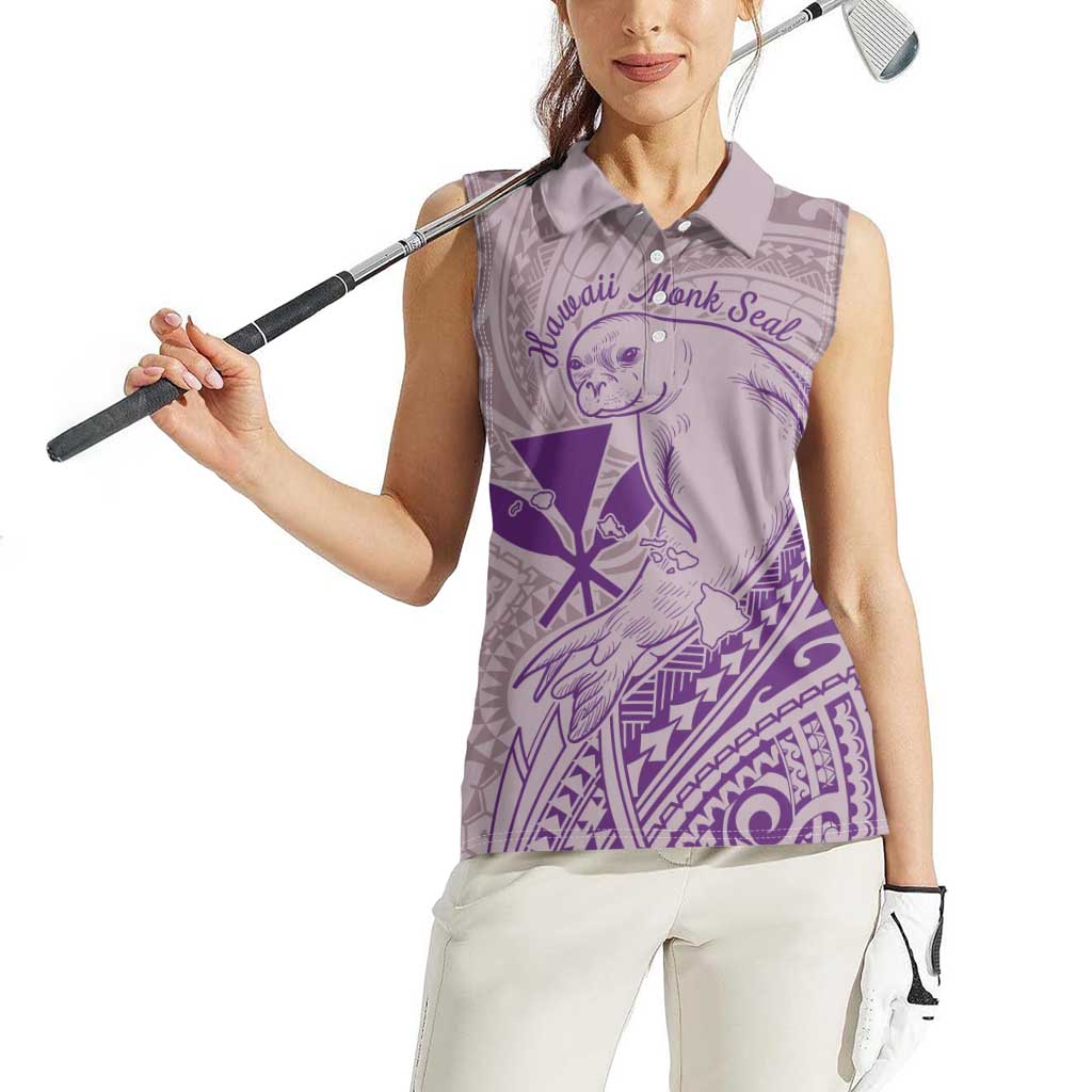 Hawaii Monk Seal and Map Women Sleeveless Polo Shirt Polynesian Kanaka Maoli Violet Vibe