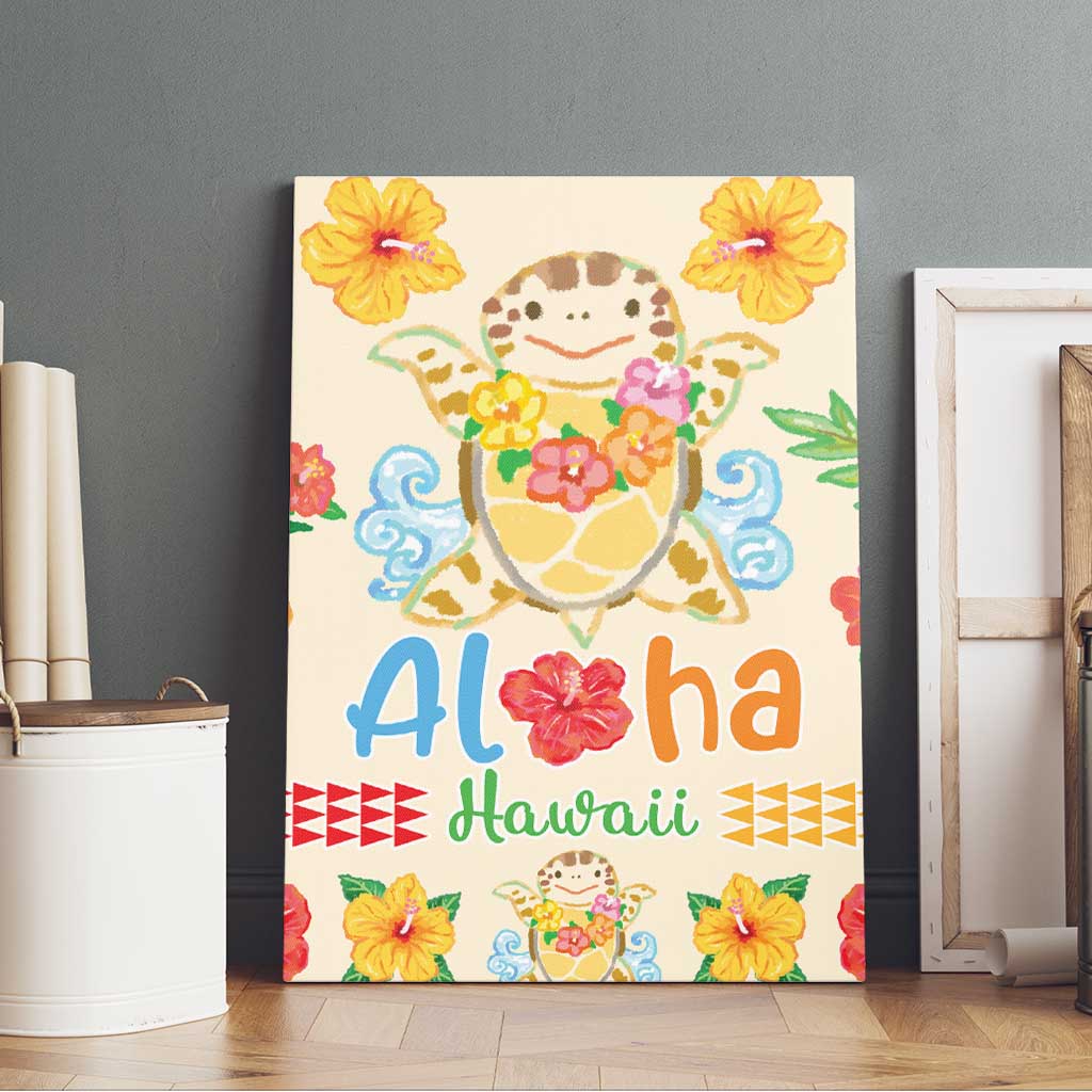Kawaii Turtle Canvas Wall Art Aloha Hibiscus Flowers