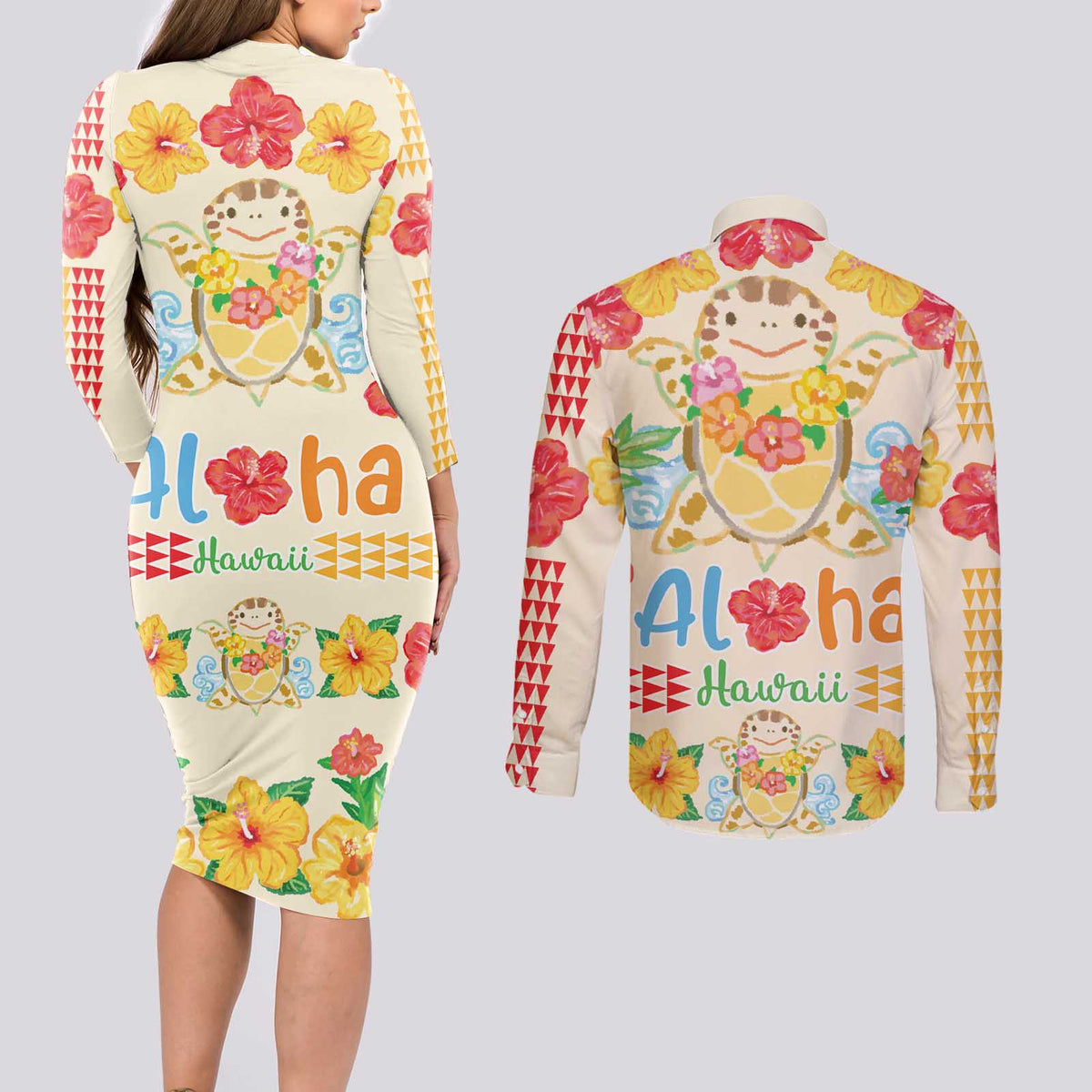 Kawaii Turtle Couples Matching Long Sleeve Bodycon Dress and Long Sleeve Button Shirt Aloha Hibiscus Flowers