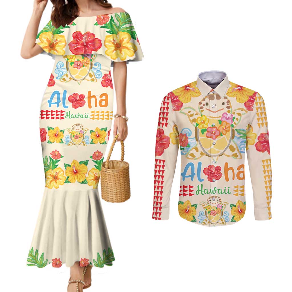 Kawaii Turtle Couples Matching Mermaid Dress and Long Sleeve Button Shirt Aloha Hibiscus Flowers