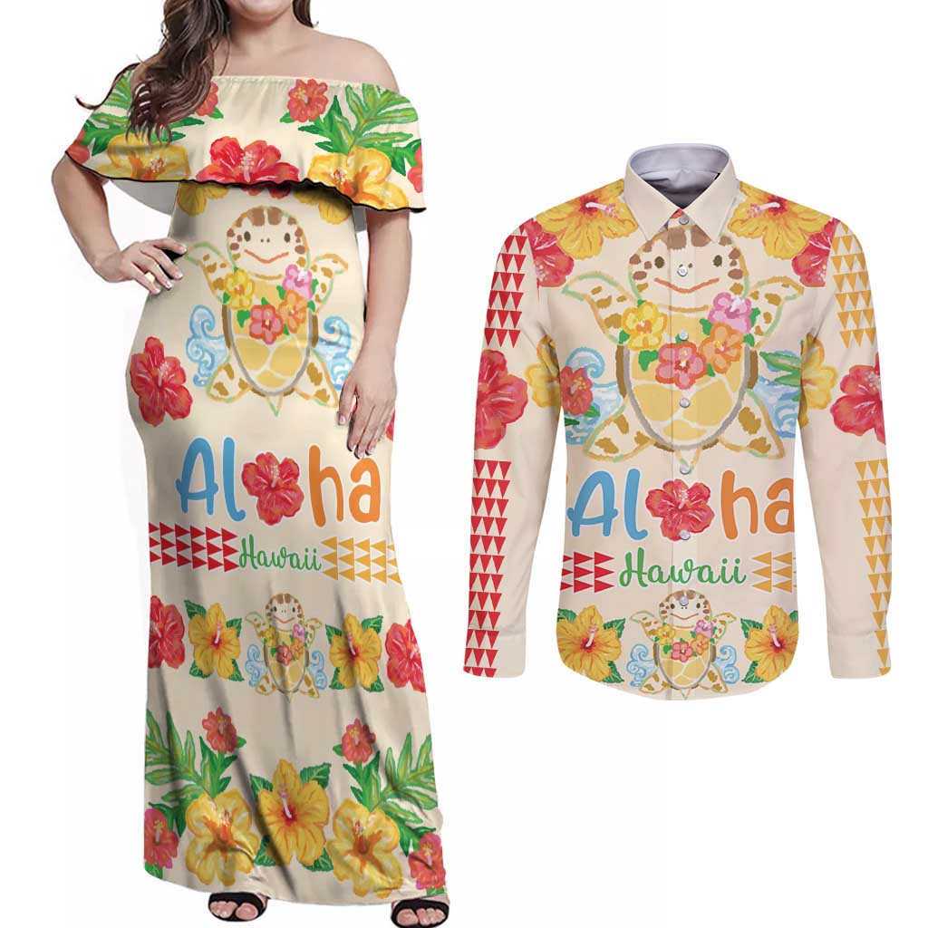 Kawaii Turtle Couples Matching Off Shoulder Maxi Dress and Long Sleeve Button Shirt Aloha Hibiscus Flowers