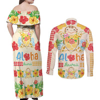 Kawaii Turtle Couples Matching Off Shoulder Maxi Dress and Long Sleeve Button Shirt Aloha Hibiscus Flowers